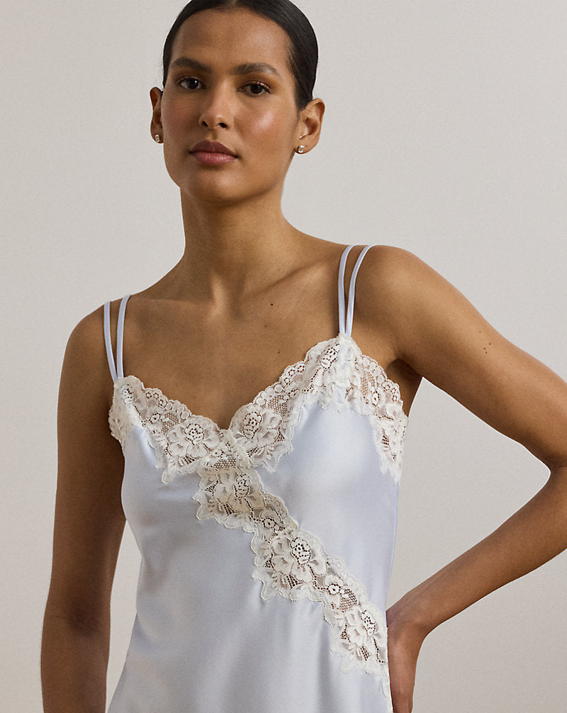 Double-Strap Lace-Trim Satin Chemise Blue