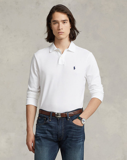Slim Fit Mesh Long-Sleeve Polo White