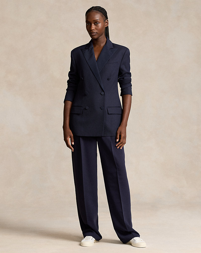 Silk-Lapel Double-Breasted Wool Blazer Navy