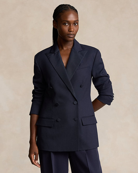 Silk-Lapel Double-Breasted Wool Blazer Navy