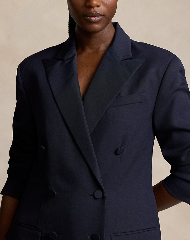 Silk-Lapel Double-Breasted Wool Blazer Navy