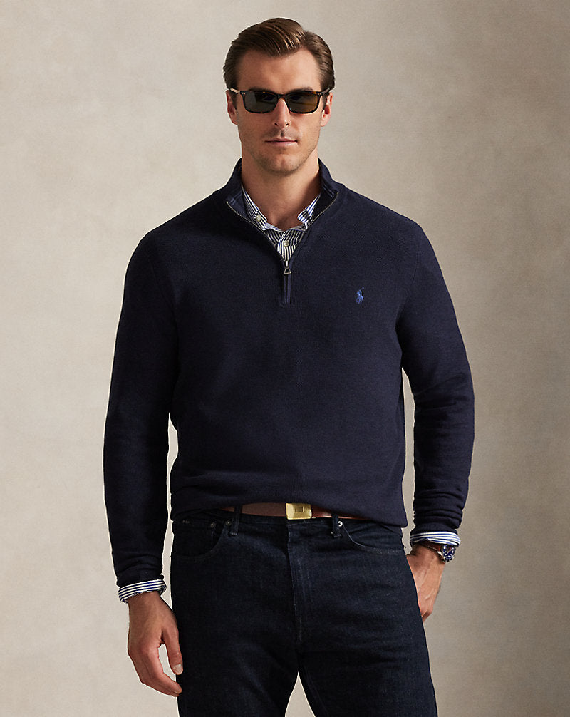 Mesh-Knit Cotton Quarter-Zip Jumper Navy Heather