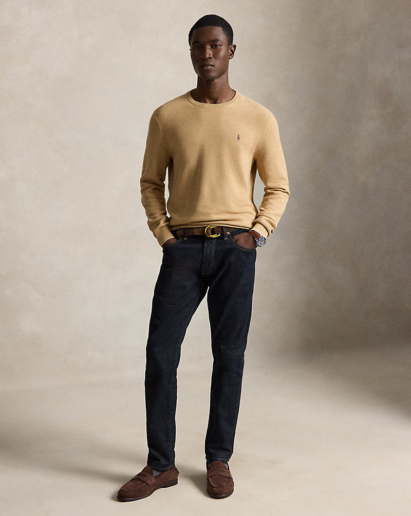 Mesh-Knit Cotton Crewneck Jumper Camel Melange