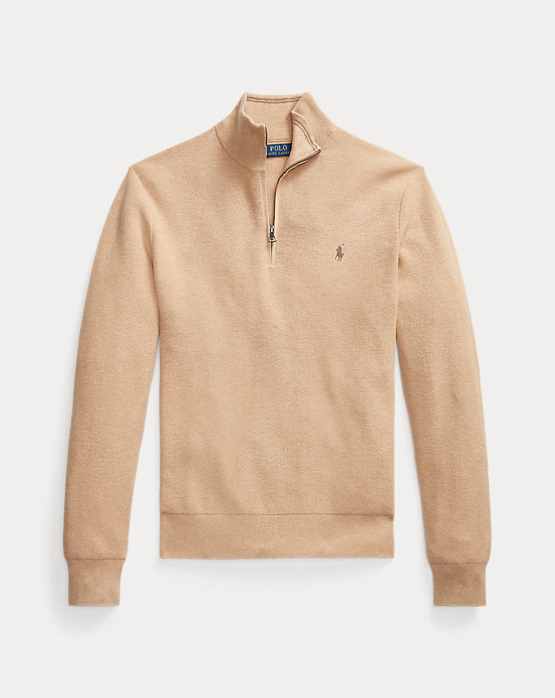 Mesh-Knit Cotton Quarter-Zip Jumper Camel Melange