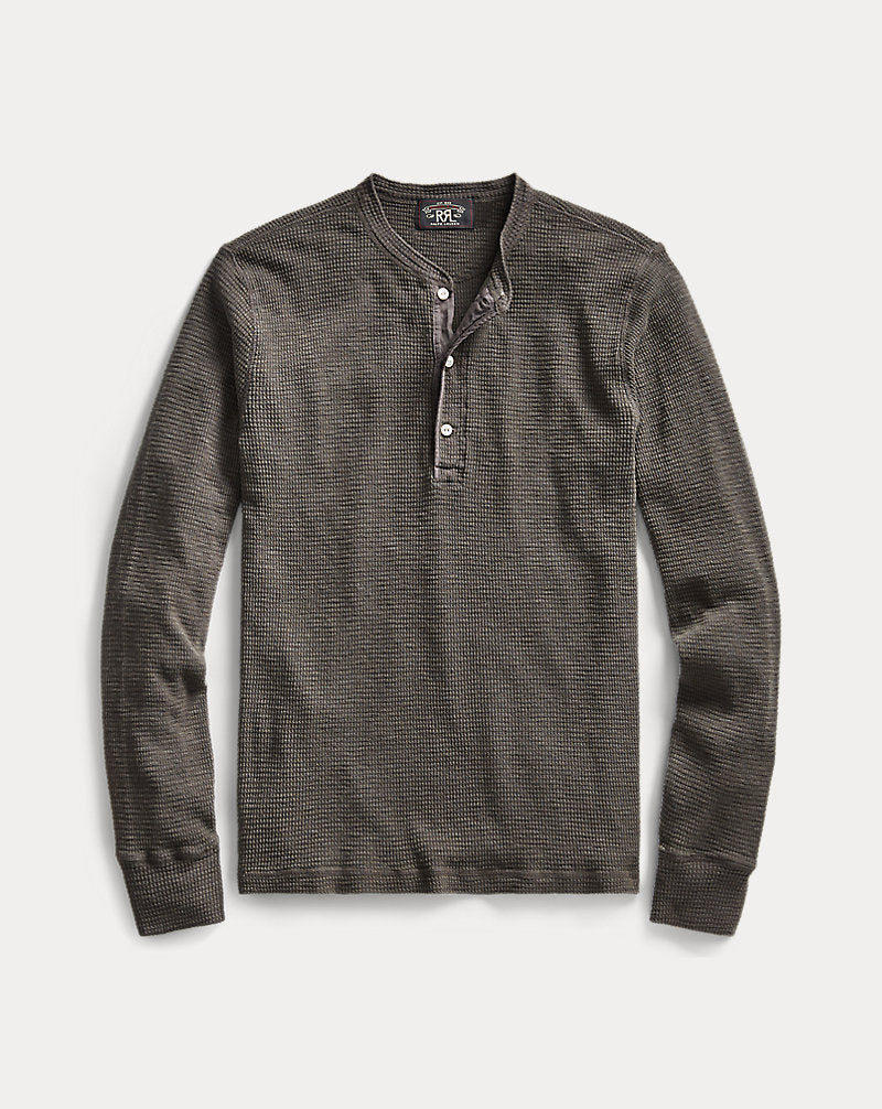 Waffle-Knit Cotton Henley Faded Black Canvas