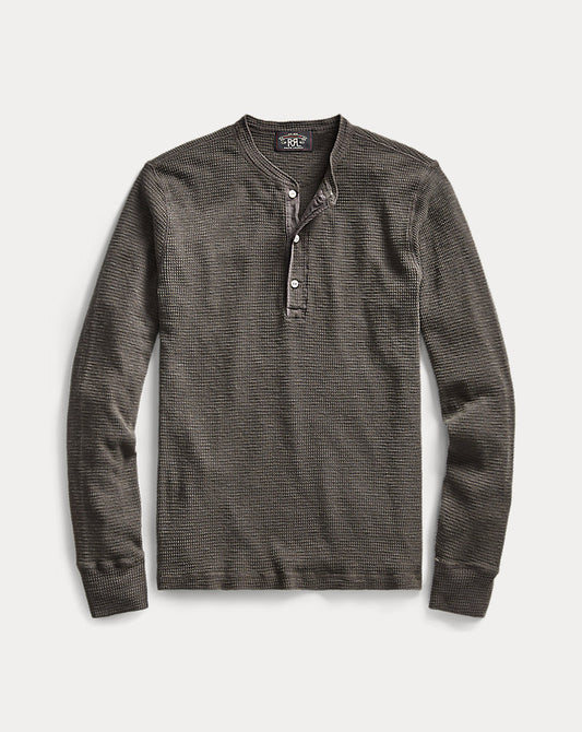 Waffle-Knit Cotton Henley Faded Black Canvas