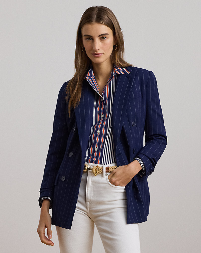 Pinstripe Double-Breasted Twill Blazer Navy/White