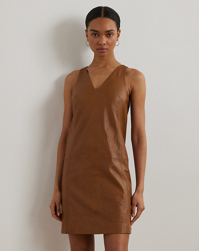 Lambskin Sleeveless Shift Dress Cuoio Leather