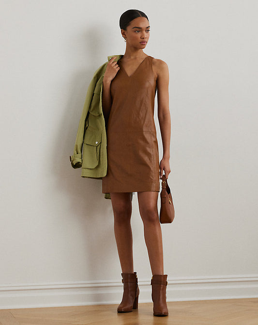 Lambskin Sleeveless Shift Dress Cuoio Leather