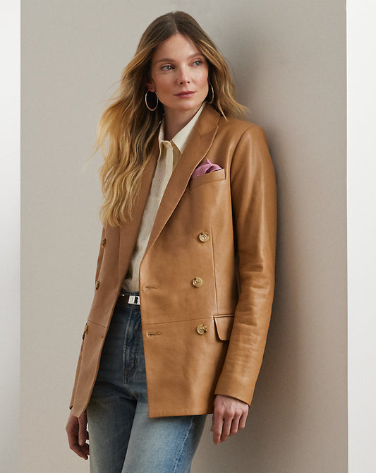 Double-Breasted Lambskin Blazer Caramel