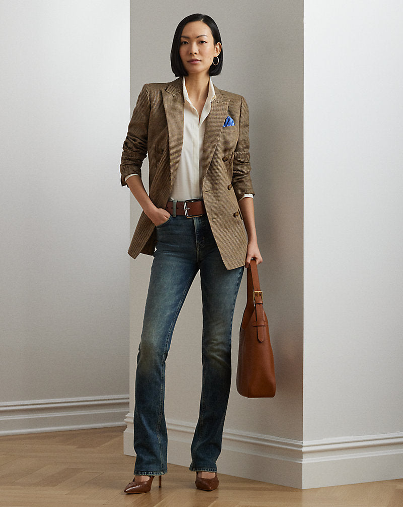 Houndstooth Double-Breasted Twill Blazer Brown/Tan Multi