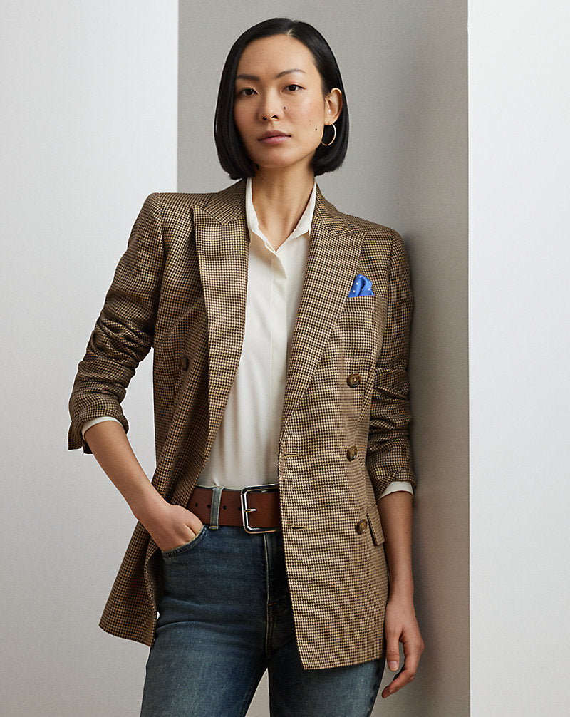 Houndstooth Double-Breasted Twill Blazer Brown/Tan Multi