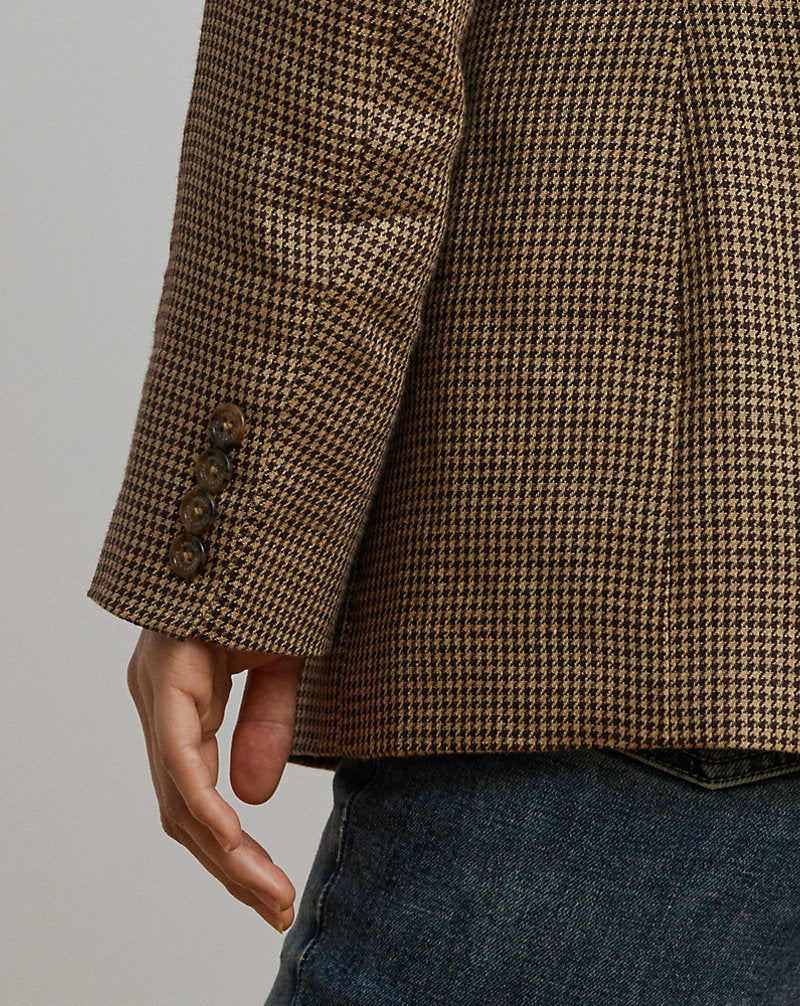 Houndstooth Double-Breasted Twill Blazer Brown/Tan Multi