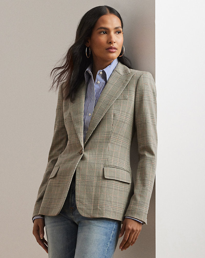Glen Plaid Cotton-Blend Twill Blazer Navy/Tan Multi