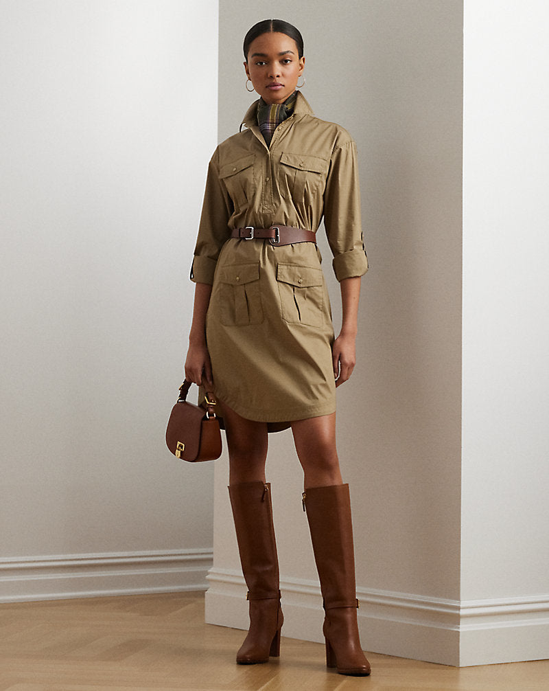 Belted Cotton-Blend Shirtdress Madison Tan