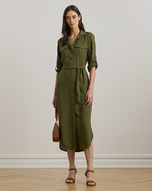 Belted Double-Faced Georgette Shirtdress Olive Grove