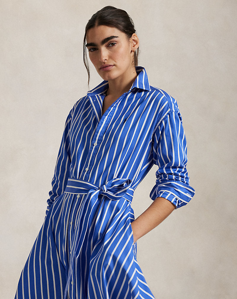 Belted Striped Cotton Shirtdresse Blue/White