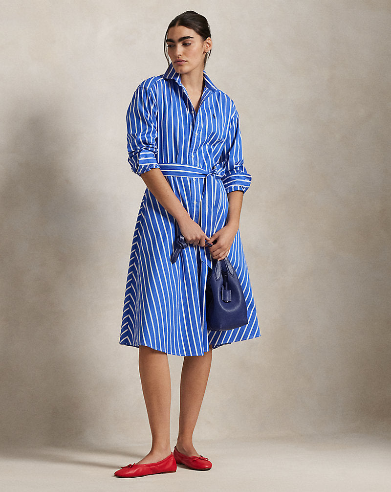 Belted Striped Cotton Shirtdresse Blue/White