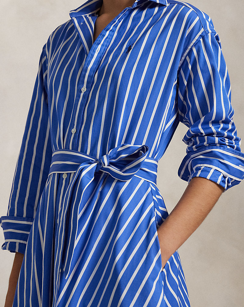 Belted Striped Cotton Shirtdresse Blue/White