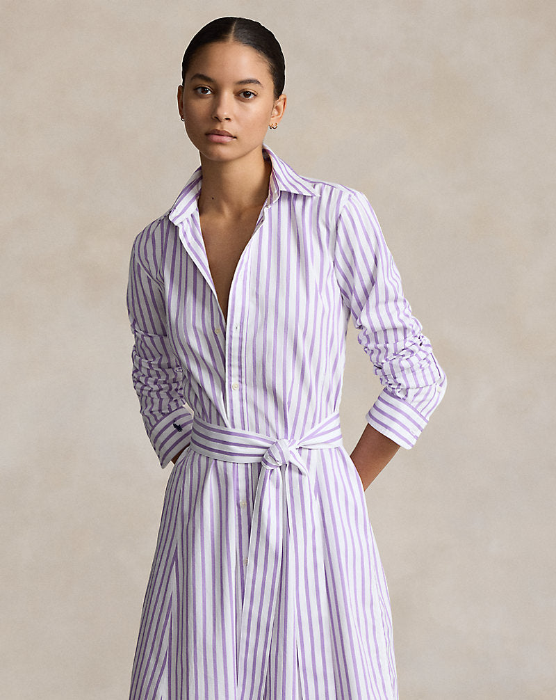 Belted Striped Cotton Shirtdress 1748b White/purple