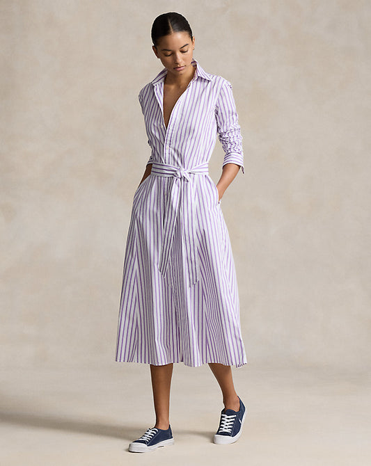 Belted Striped Cotton Shirtdress 1748b White/purple