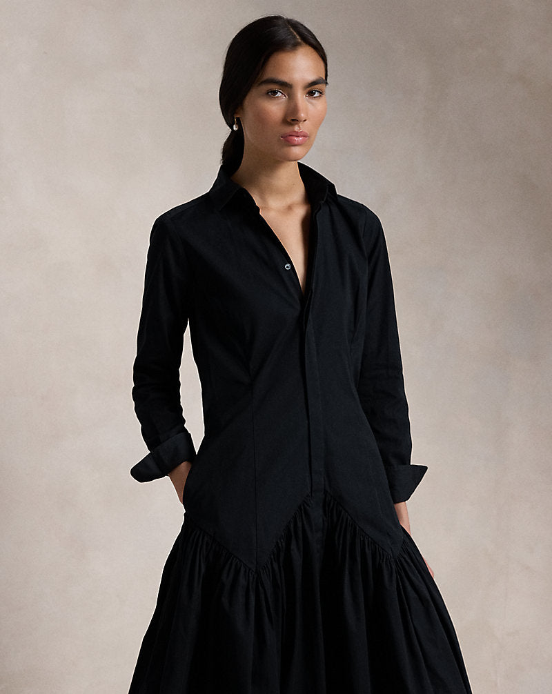 Shirred-Yoke Oxford Shirtdress Polo Black