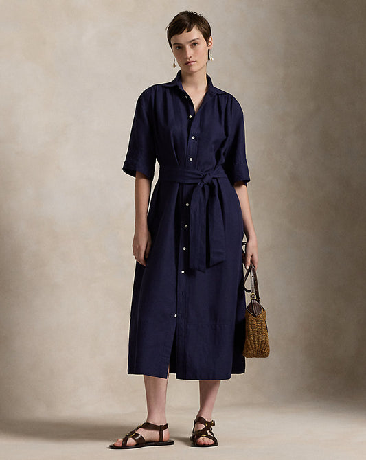 Belted Silk-Blend Shirtdress New Navy