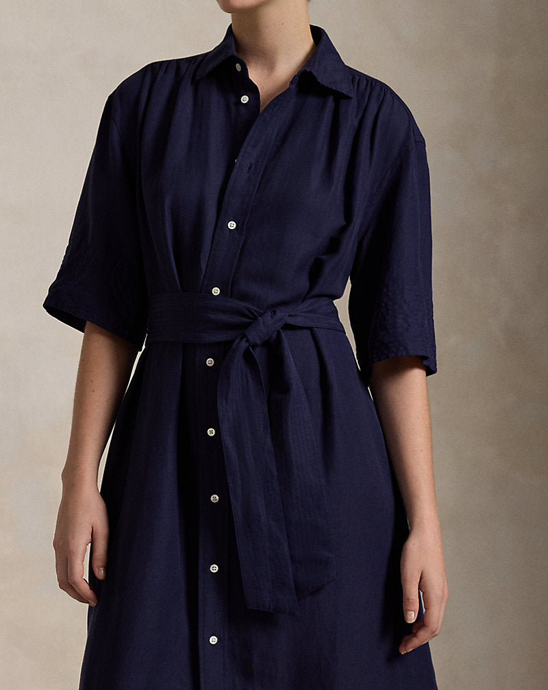 Belted Silk-Blend Shirtdress New Navy