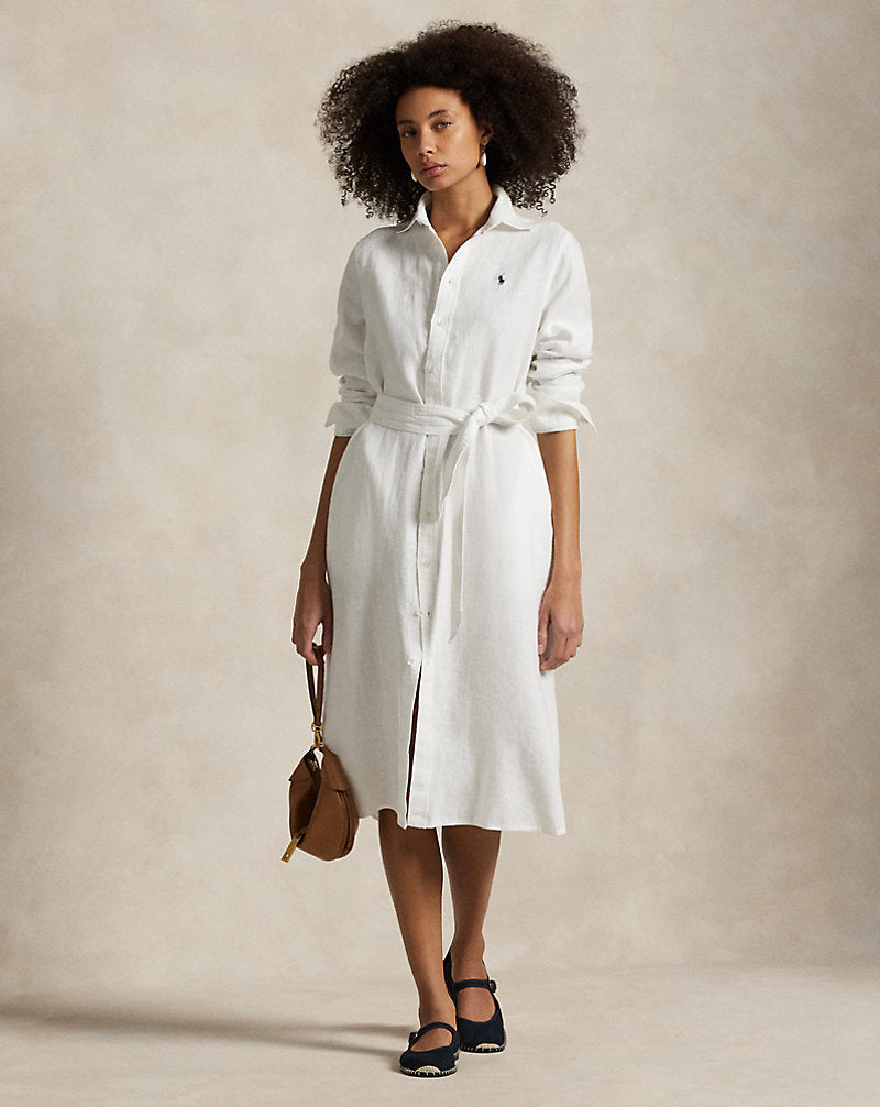 Belted Linen Shirtdress White