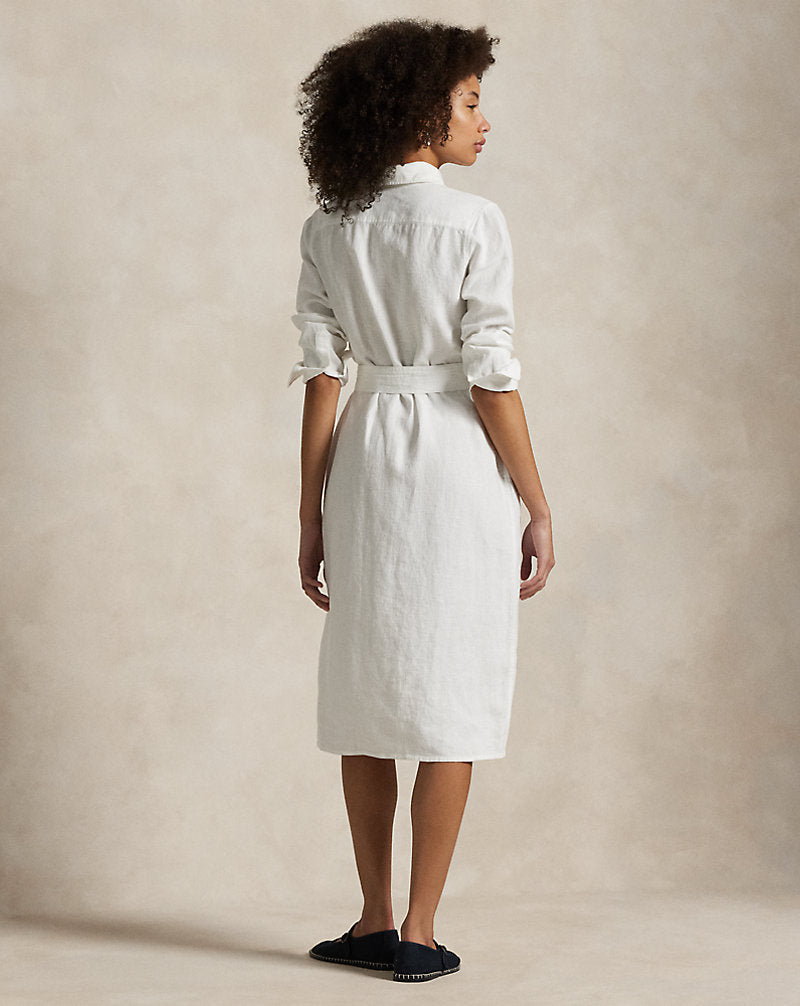 Belted Linen Shirtdress White