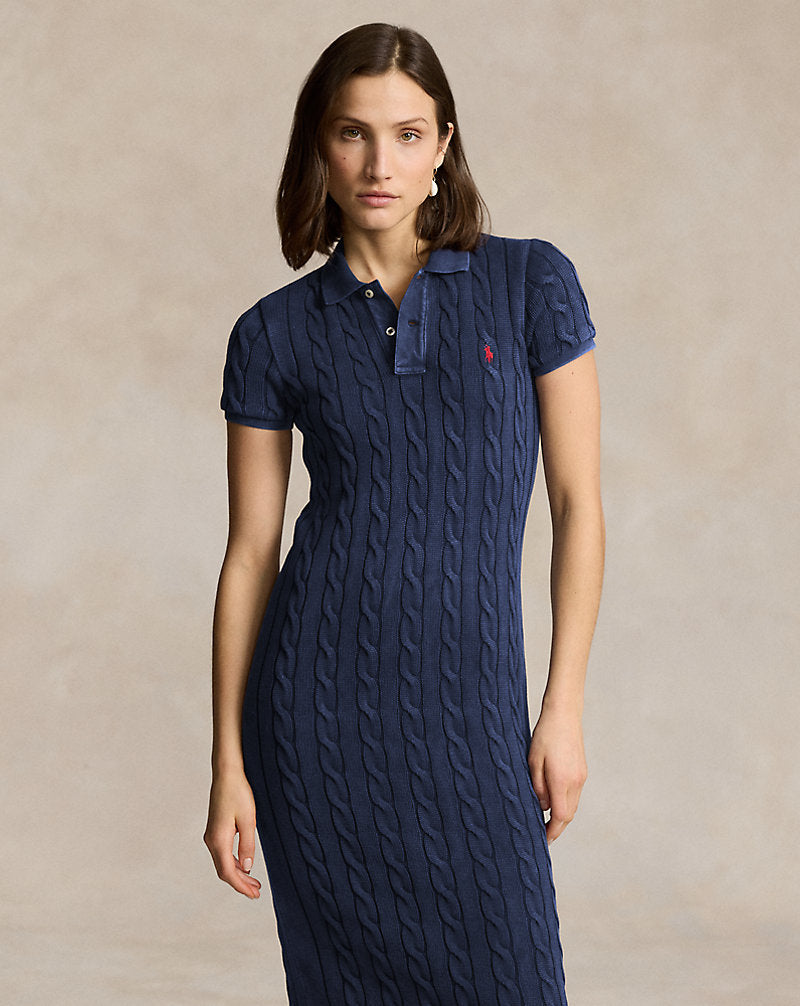 Cable-Knit Cotton Polo Midi Dress Newport Navy