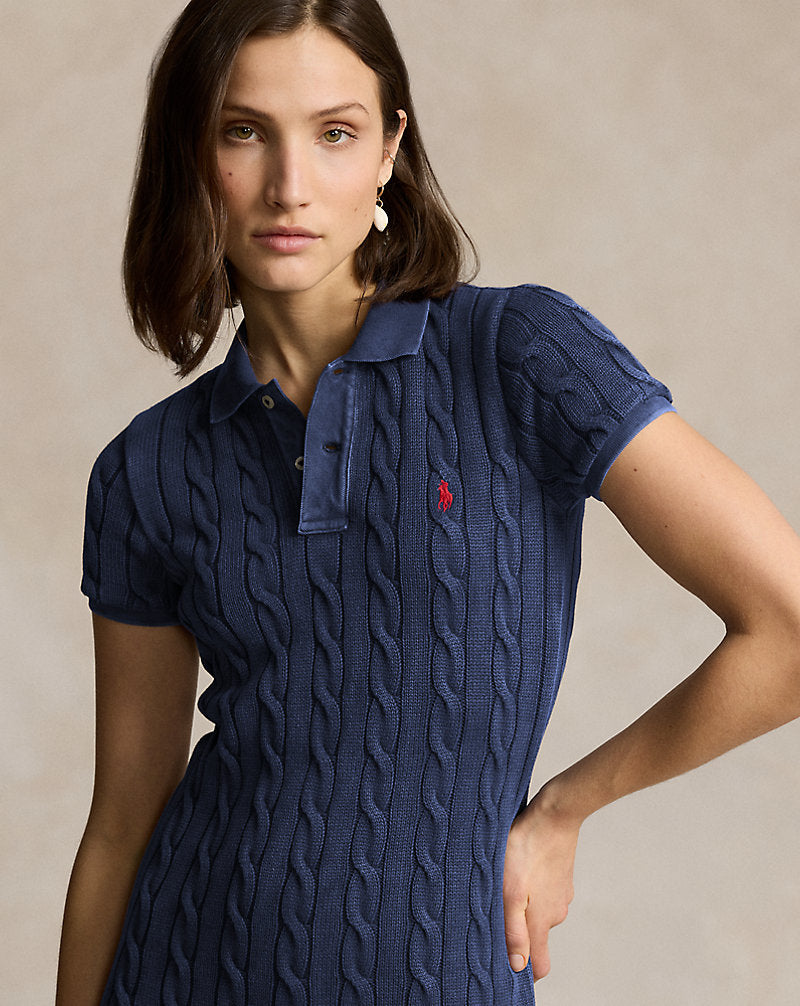 Cable-Knit Cotton Polo Midi Dress Newport Navy