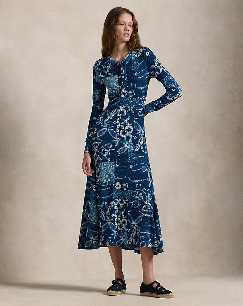 Patchwork Waffle-Knit Henley Dress Indigo Shabori Patchwork
