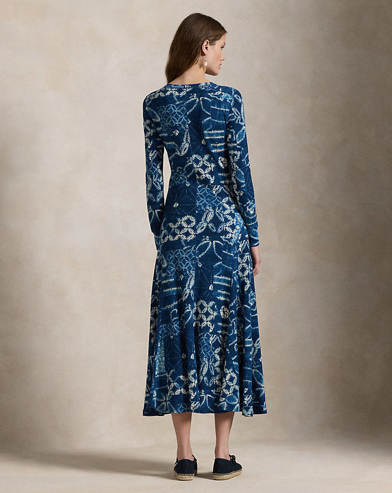 Patchwork Waffle-Knit Henley Dress Indigo Shabori Patchwork