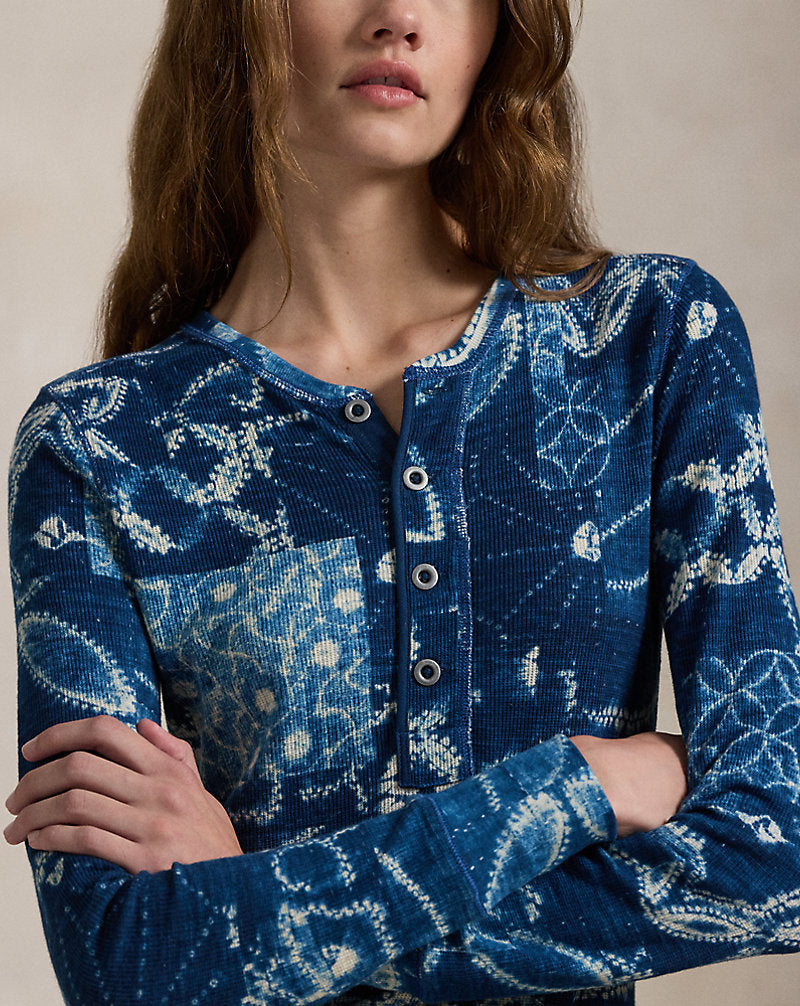 Patchwork Waffle-Knit Henley Dress Indigo Shabori Patchwork