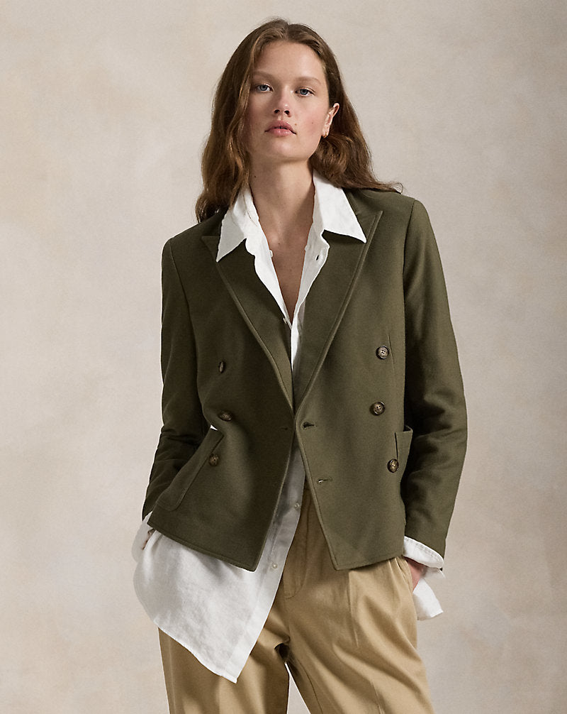 Double-Breasted Jacquard Knit Blazer Outdoor Olive