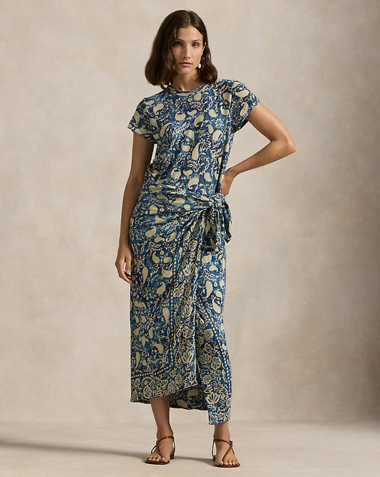 Print Linen Faux-Wrap Dress Scarf Print