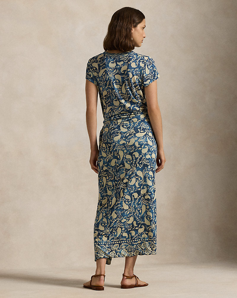 Print Linen Faux-Wrap Dress Scarf Print