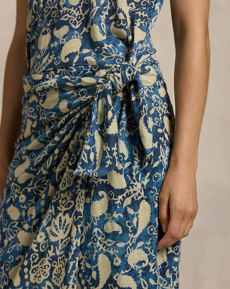 Print Linen Faux-Wrap Dress Scarf Print