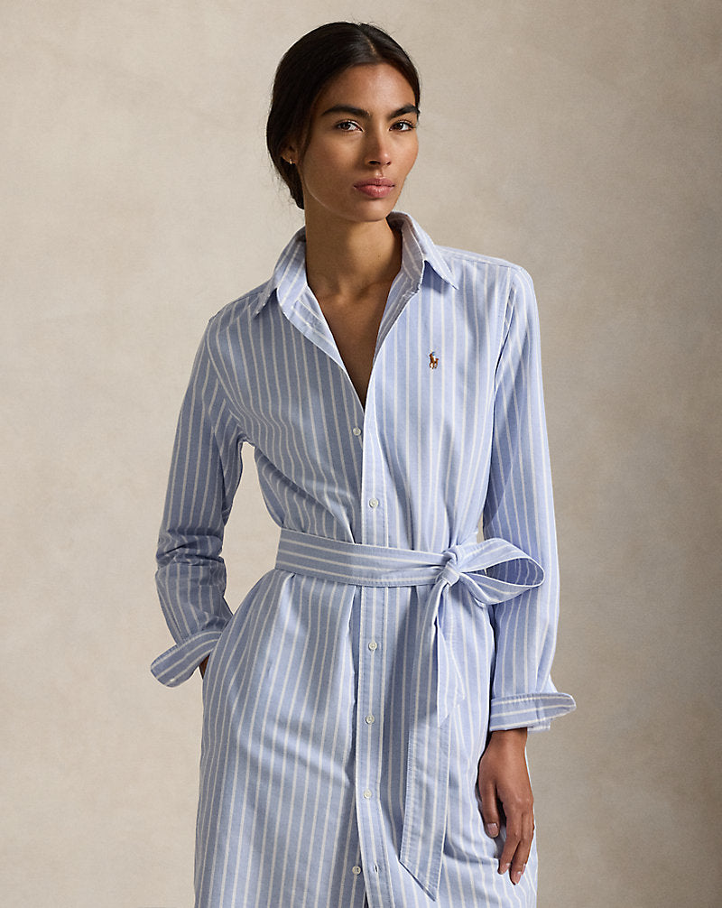 Striped Cotton Oxford Belted Shirtdress Harbour Island Blue/White