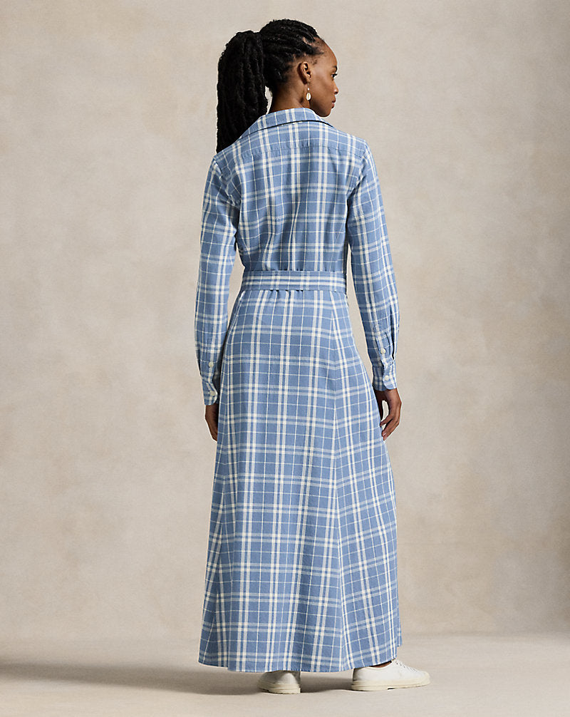 Belted Plaid Cotton Shirtdress Blue/Cream