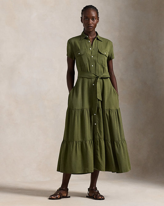 Belted Tiered Shirtdess Expedition Olive
