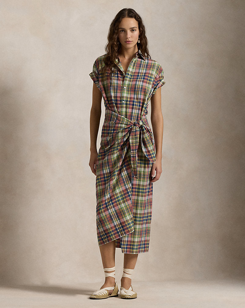 Plaid Cotton Faux-Wrap Shirtdress Yellow/Green/Navy Multi