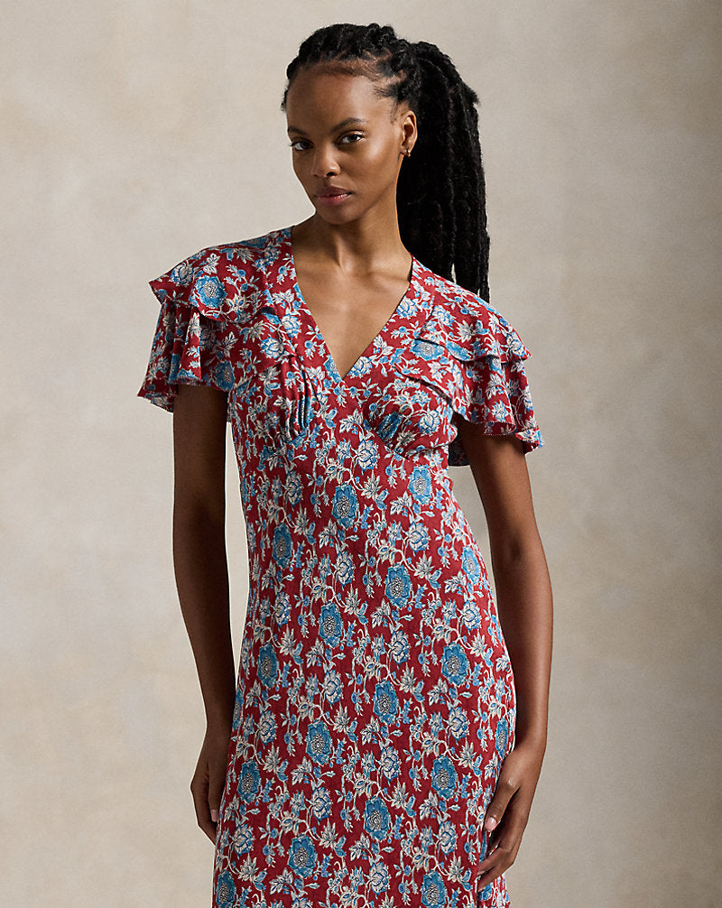 Floral-Print Silk Dress Retro Garden