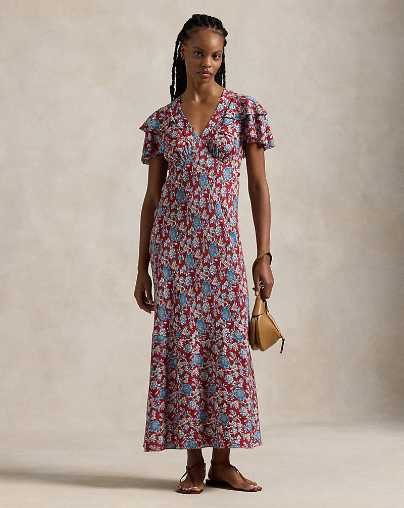 Floral-Print Silk Dress Retro Garden