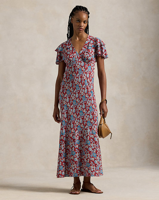 Floral-Print Silk Dress Retro Garden