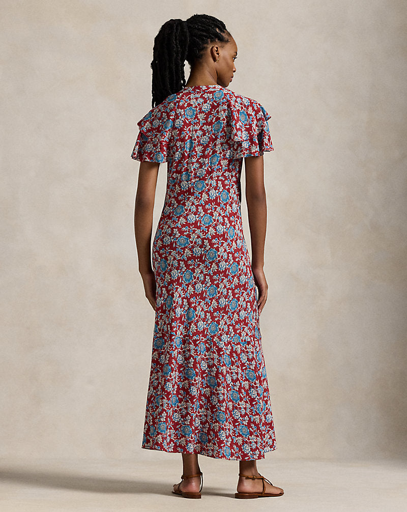 Floral-Print Silk Dress Retro Garden