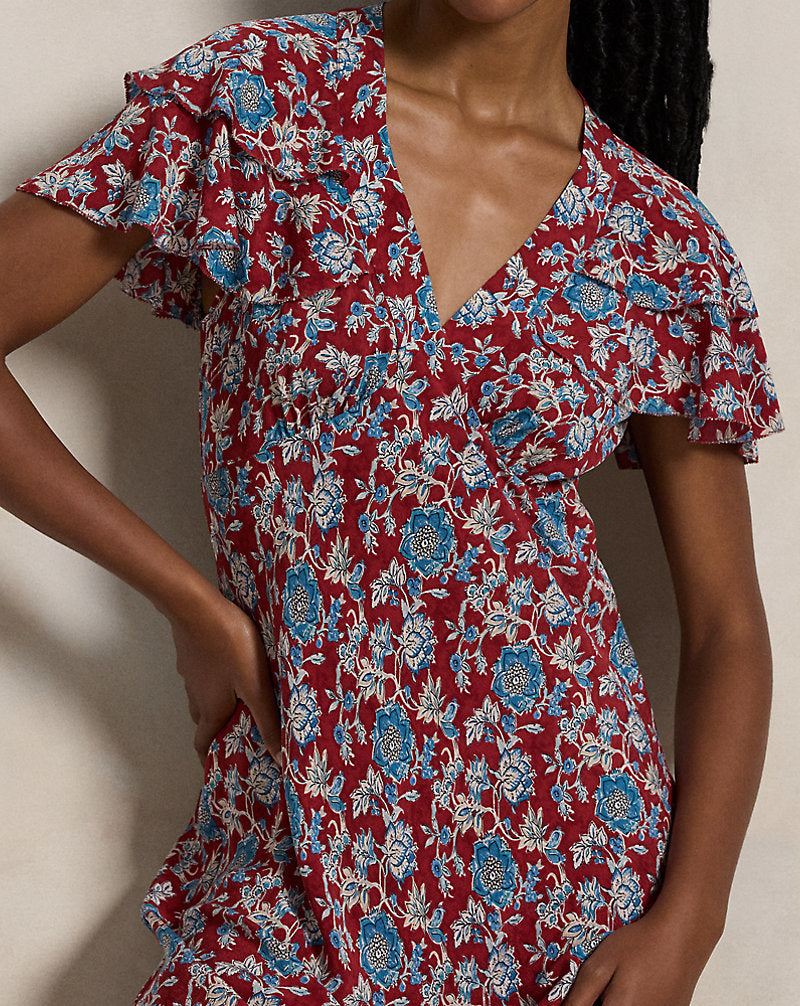 Floral-Print Silk Dress Retro Garden