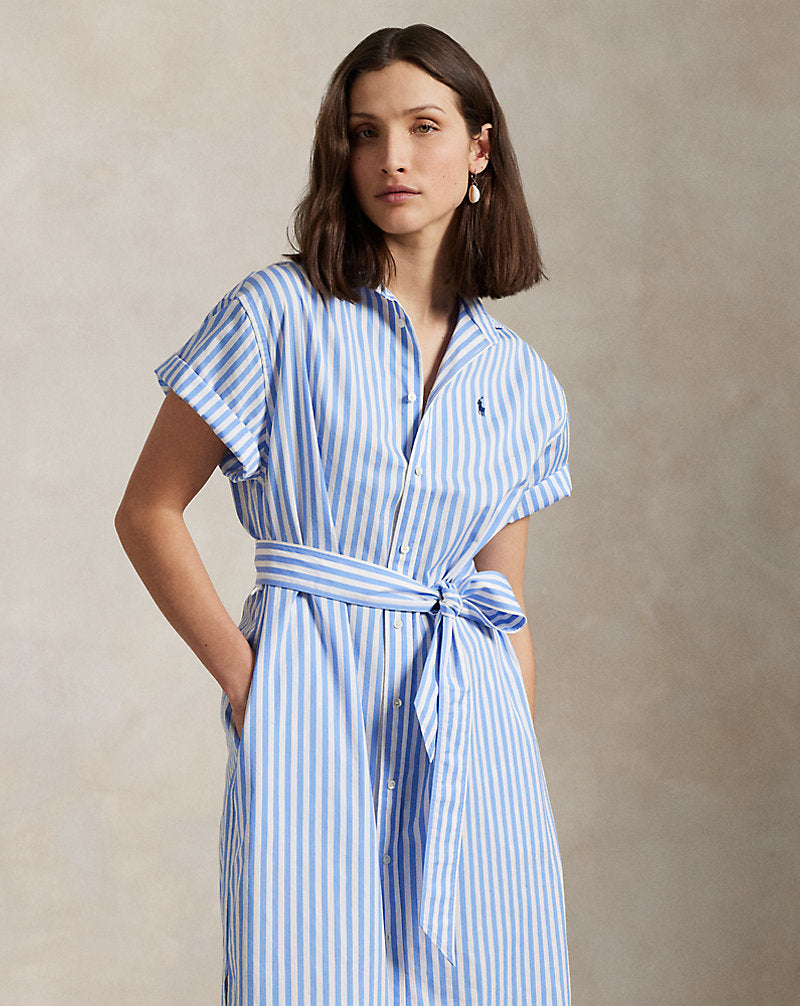 Belted Striped Cotton Shirtdress Blue/White Stripe