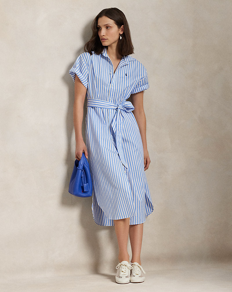 Belted Striped Cotton Shirtdress Blue/White Stripe